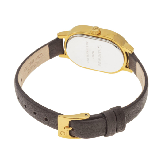 Montre femme, boite en acier doré, bracelet en cuir marron, verre minéral