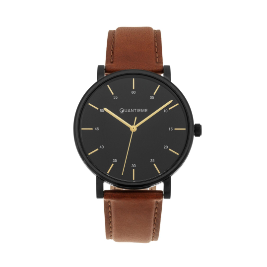 Montre homme, bracelet cuir marron et boîte en acier noir, verre minéral