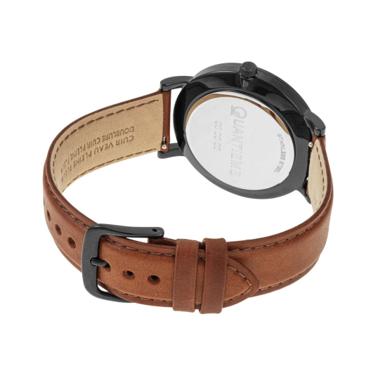 Montre homme, bracelet cuir marron et boîte en acier noir, verre minéral