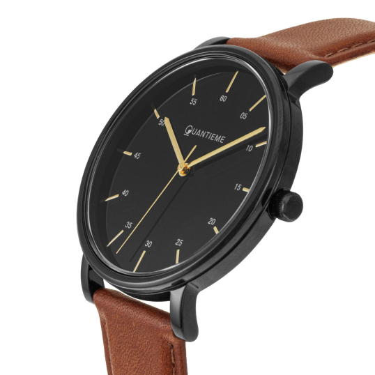 Montre homme, bracelet cuir marron et boîte en acier noir, verre minéral