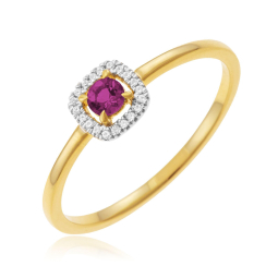 Bague en or jaune et rhodié, rhodolite et diamants, carrée