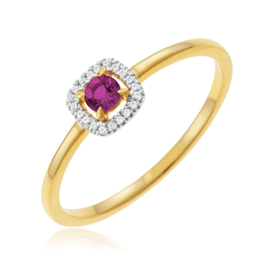 Bague en or jaune et rhodié, rhodolite et diamants, carrée