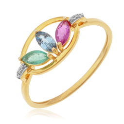 Bague en or jaune et rhodié, saphir, rubis, émeraude et diamants