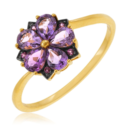 Bague en or jaune et rhodié, améthystes et rhodolites, fleur