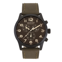 Chronographe homme, boîte acier noir, bracelet cuir et verre minéral