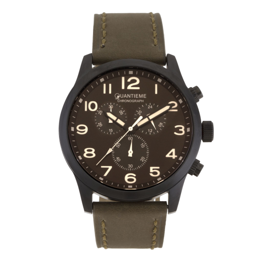 Chronographe homme, boîte acier noir, bracelet cuir et verre minéral