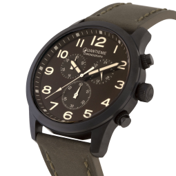 Chronographe homme, boîte acier noir, bracelet cuir et verre minéral