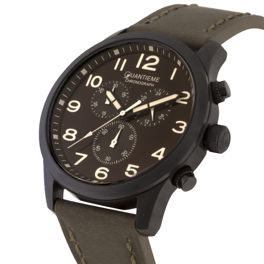Chronographe homme, boîte acier noir, bracelet cuir et verre minéral