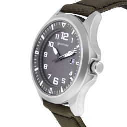 Montre homme, boîte acier, bracelet nylon et cuir, verre minéral