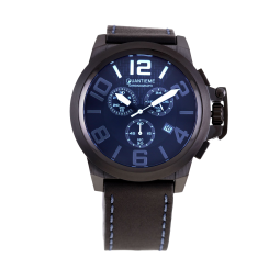 Chronographe homme, boîte acier noir, bracelet cuir et verre minéral