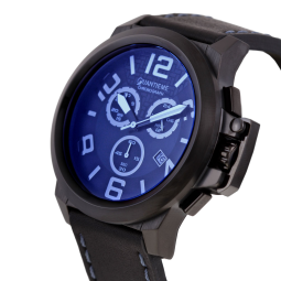 Chronographe homme, boîte acier noir, bracelet cuir et verre minéral