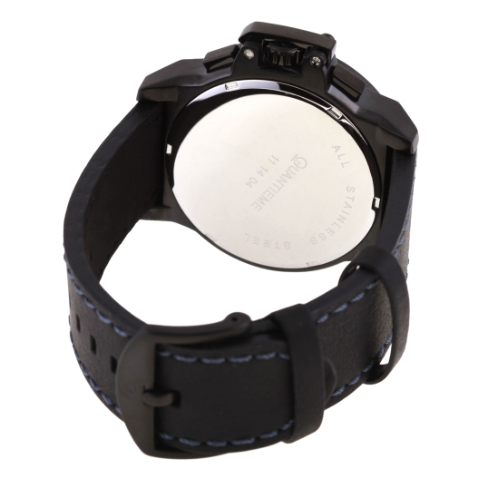 Chronographe homme, boîte acier noir, bracelet cuir et verre minéral