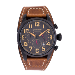Chronographe homme, boîte acier noir, bracelet cuir et verre minéral