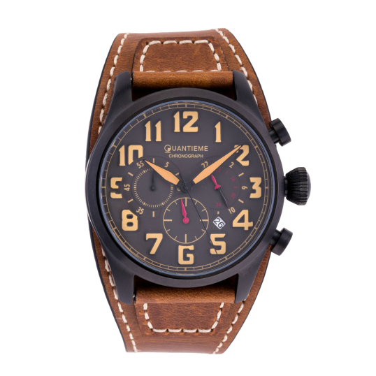 Chronographe homme, boîte acier noir, bracelet cuir et verre minéral