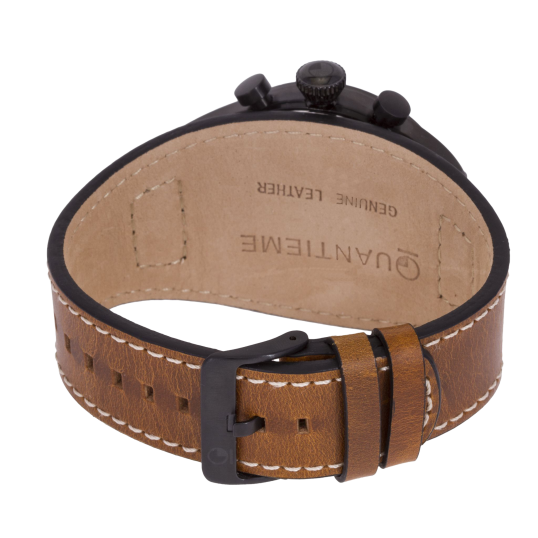 Chronographe homme, boîte acier noir, bracelet cuir et verre minéral