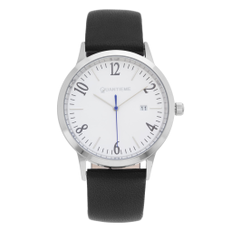 Montre homme, boîte en acier, bracelet en cuir et verre minéral