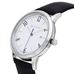 Montre homme, boîte en acier, bracelet en cuir et verre minéral