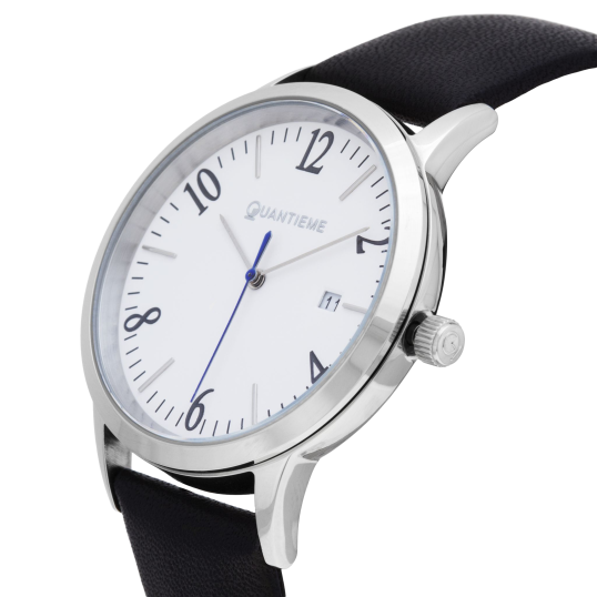 Montre homme, boîte en acier, bracelet en cuir et verre minéral