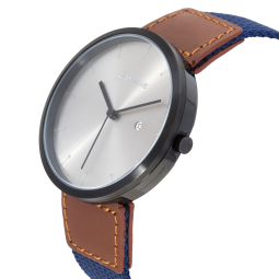 Montre homme, boîte en acier noir, bracelet cuir et nylon et verre minéral