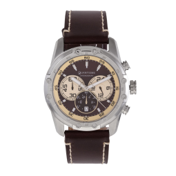 Chronographe homme, boîte en acier, bracelet cuir et verre minéral
