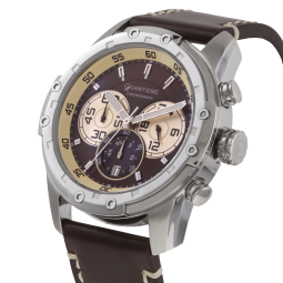 Chronographe homme, boîte en acier, bracelet cuir et verre minéral