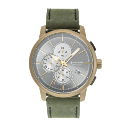 Chronographe homme, boîte acier doré kaki, bracelet cuir et verre minéral