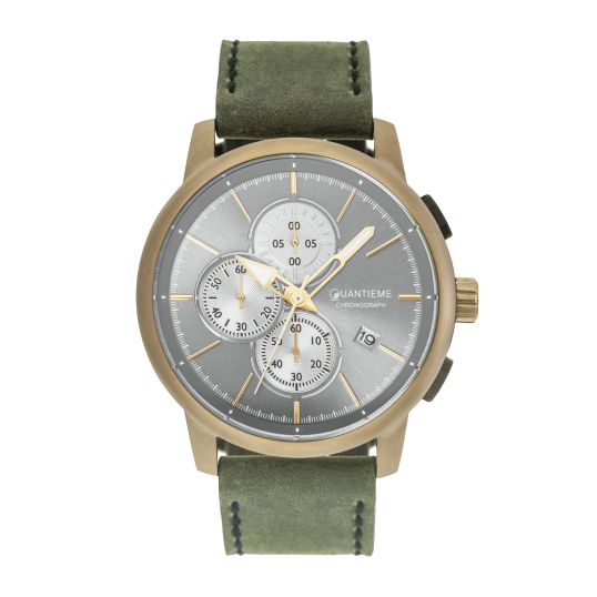 Chronographe homme, boîte acier doré kaki, bracelet cuir et verre minéral
