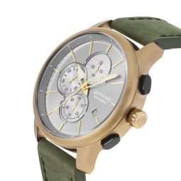 Chronographe homme, boîte acier doré kaki, bracelet cuir et verre minéral