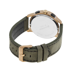 Chronographe homme, boîte acier doré kaki, bracelet cuir et verre minéral