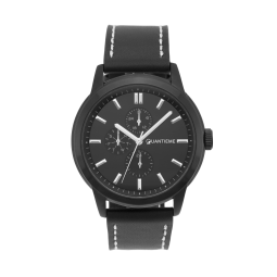Montre homme, boîte acier noir, bracelet cuir et verre minéral