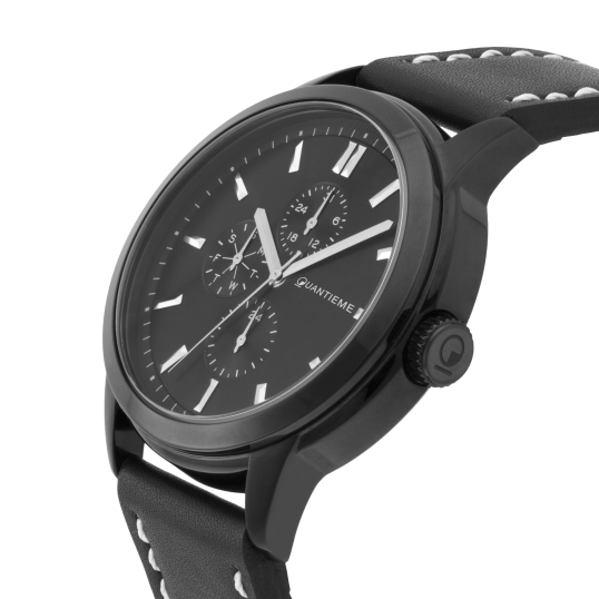 Montre homme, boîte acier noir, bracelet cuir et verre minéral Montre homme, boîte acier noir, bracelet cuir et verre minéral