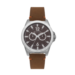 Montre homme, boite acier, bracelet cuir et verre minéral.