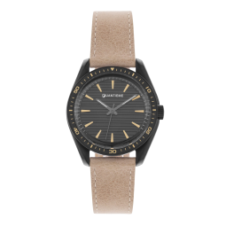 Montre homme, boitier en acier noir, bracelet en cuir beige et verre minéral