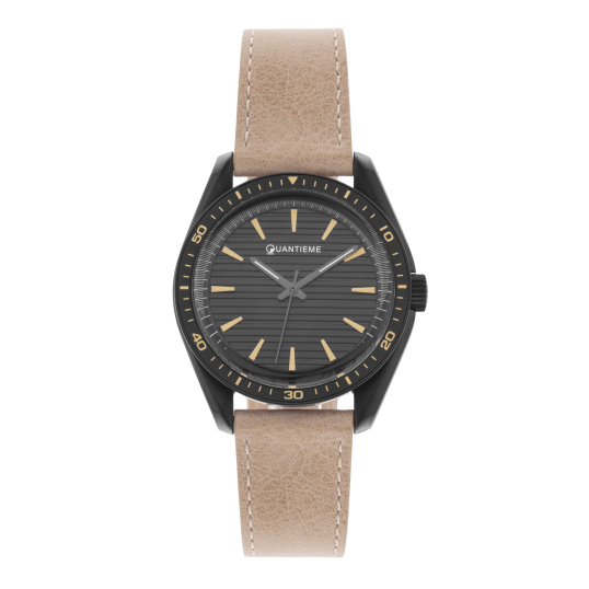 Montre homme, boitier en acier noir, bracelet en cuir beige et verre minéral