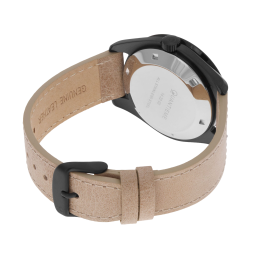 Montre homme, boitier en acier noir, bracelet en cuir beige et verre minéral