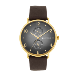 Montre homme, boîte en acier doré, bracelet en cuir marron et verre minéral
