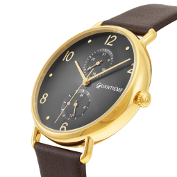 Montre homme, boîte en acier doré, bracelet en cuir marron et verre minéral