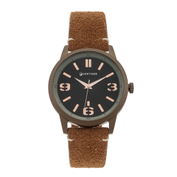 Montre homme, boite en acier marron, bracelet en cuir, verre minéral