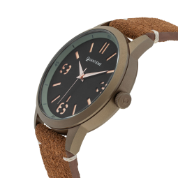 Montre homme, boite en acier marron, bracelet en cuir, verre minéral