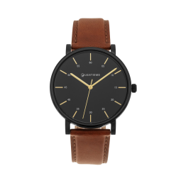 Montre homme, bracelet cuir marron et boîte en acier noir, verre minéral