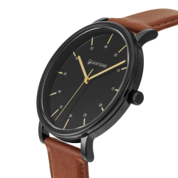 Montre homme, bracelet cuir marron et boîte en acier noir, verre minéral