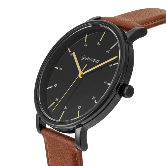 Montre homme, bracelet cuir marron et boîte en acier noir, verre minéral