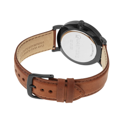 Montre homme, bracelet cuir marron et boîte en acier noir, verre minéral