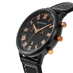 Chronographe homme, bracelet en cuir et silicone, boite acier et verre minéral