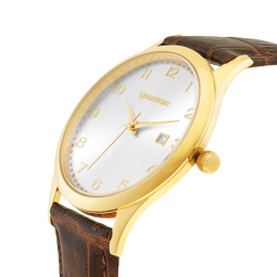 Montre homme, boîte acier doré, bracelet cuir et verre minéral