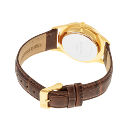 Montre homme, boîte acier doré, bracelet cuir et verre minéral