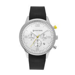 Chronographe homme, boîte en acier, bracelet en silicone noir et verre minéral