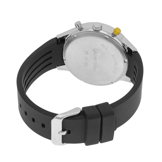 Chronographe homme, boîte en acier, bracelet en silicone noir et verre minéral