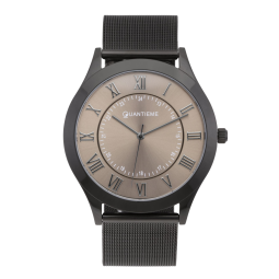 Montre homme, boîte acier noir, bracelet acier maille milanaise noir et verre minéral.