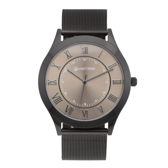 Montre homme, boîte acier noir, bracelet acier maille milanaise noir et verre minéral.